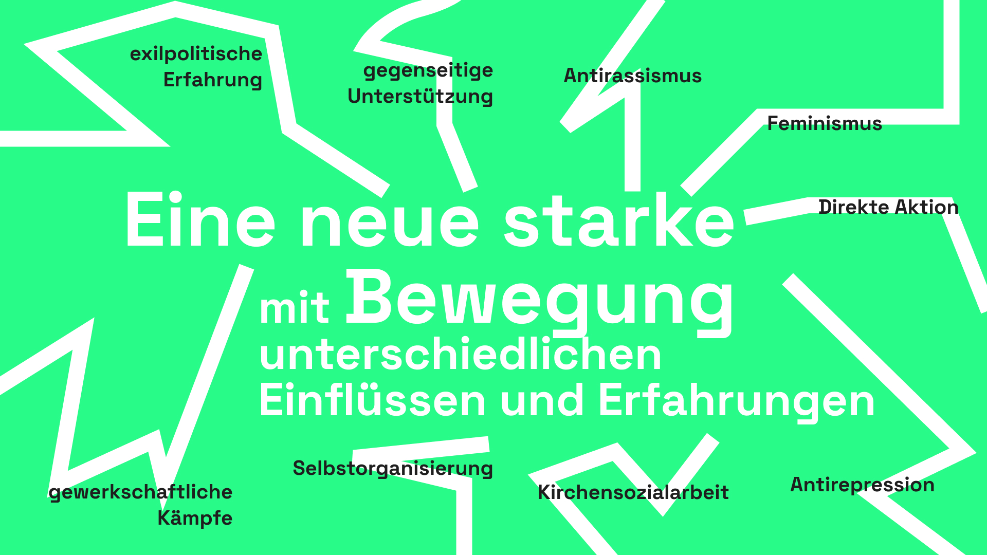 Schaubild mit grünem Hintergund, welche die verschiedenen Strömungen hinter der Karawane beschrieben sollen. Mehrere ungerade Linien winden sich in Richtung der Mitte des Bildes. Die Linien tragen folgende Bezeichnungen: exilpolitische Erfahrungen; gegenseitige Unterstützung; Anitrassismus; Feminismus; Direkte Aktion; Antirepression; Kirchensozialarbeit; Selbstorganisierung; gewerkschaftliche Kämpfe. In der Mitte steht in größerer Schrift: Eine neue starke Bewegung mit unterschiedlichen Einflüssen und Erfahrungen